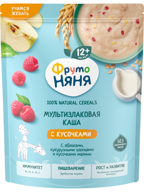 Каша мультизлаковая детская ФрутоНяня с кусочками яблока, хлопьями и малиной, 190г