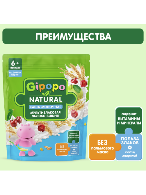 Каша сухая детская Gipopo Мультизлаковая молочная Яблоко и вишня с 6 месяцев, 170г