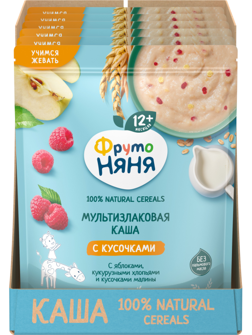 Каша мультизлаковая детская ФрутоНяня с кусочками яблока, хлопьями и малиной, 190г