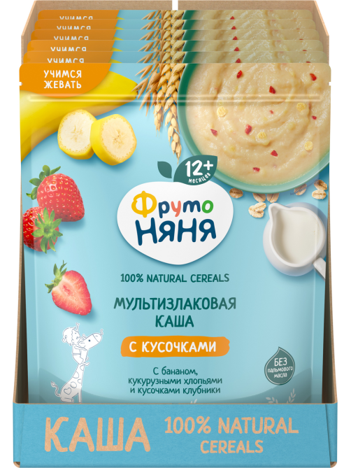 Каша мультизлаковая детская ФрутоНяня с кусочками банана, хлопьями и клубникой, 190г