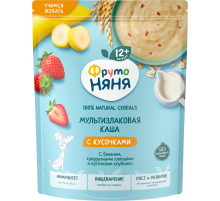 Каша мультизлаковая детская ФрутоНяня с кусочками банана, хлопьями и клубникой, 190г
