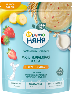 Каша мультизлаковая детская ФрутоНяня с кусочками банана, хлопьями и клубникой, 190г