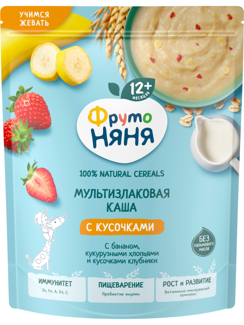 Каша мультизлаковая детская ФрутоНяня с кусочками банана, хлопьями и клубникой, 190г