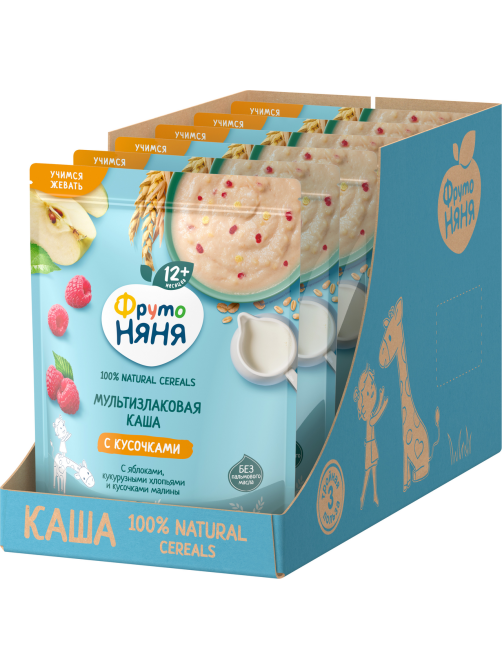 Каша мультизлаковая детская ФрутоНяня с кусочками яблока, хлопьями и малиной, 190г