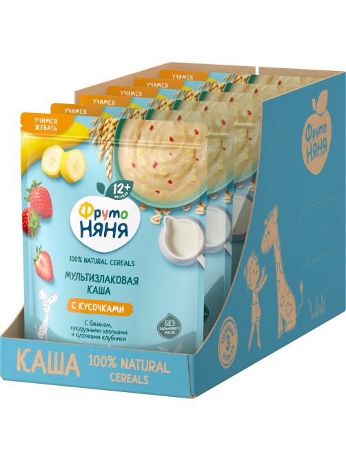 Каша мультизлаковая детская ФрутоНяня с кусочками банана, хлопьями и клубникой, 190г