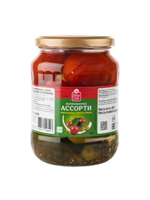 Fine Life Ассорти маринованное корнишон и черри, 680г