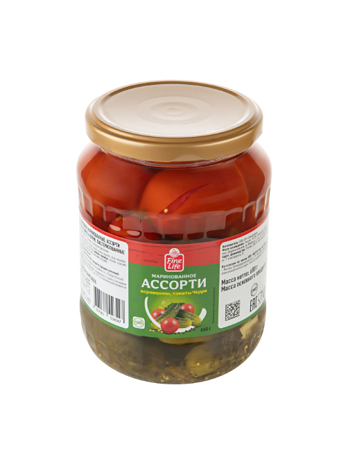 Fine Life Ассорти маринованное корнишон и черри, 680г