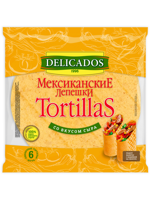Лепешка мексиканская Delicados Тортилья пшеничная со вкусом сыра 25см 6шт, 400г