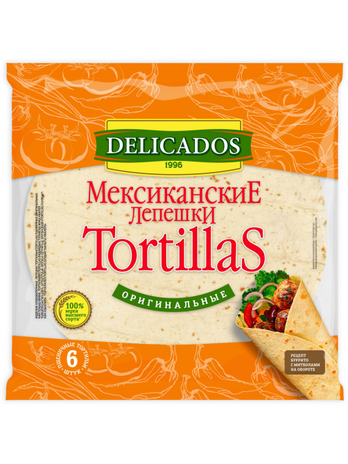 Лепешка мексиканская Delicados Тортилья пшеничная Оригинальная 25см 6шт, 400г