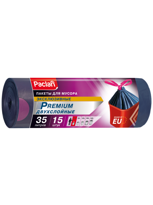 Пакеты для мусора Paclan Premium синий в рулоне 30мкм 15шт, 35л