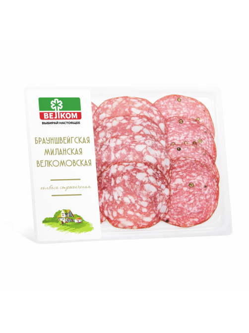 Колбаса Велком Брауншвейгская-миланская-велкомовская сырокопченая нарезка, 90г