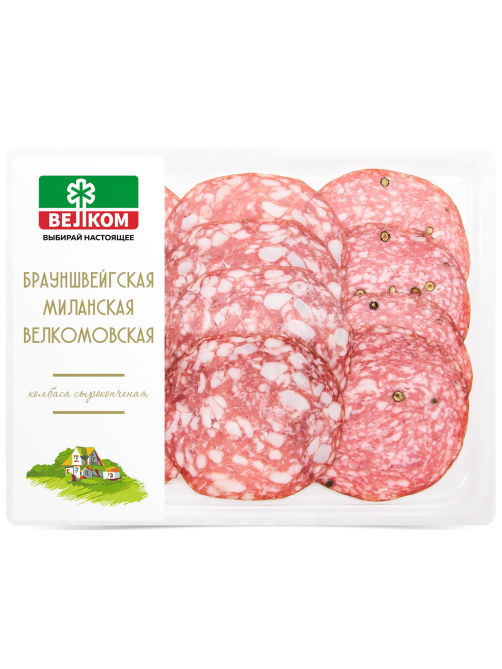 Колбаса Велком Брауншвейгская-миланская-велкомовская сырокопченая нарезка, 90г