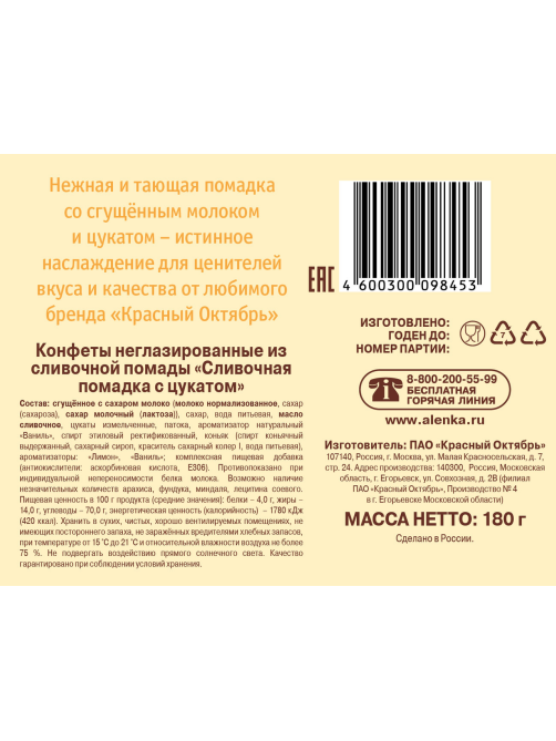 Конфеты Красный Октябрь Помадка сливочная с цукатами, 180г