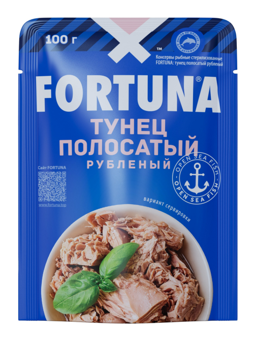 Тунец Fortuna полосатый рубленый в собственном соку, 100г
