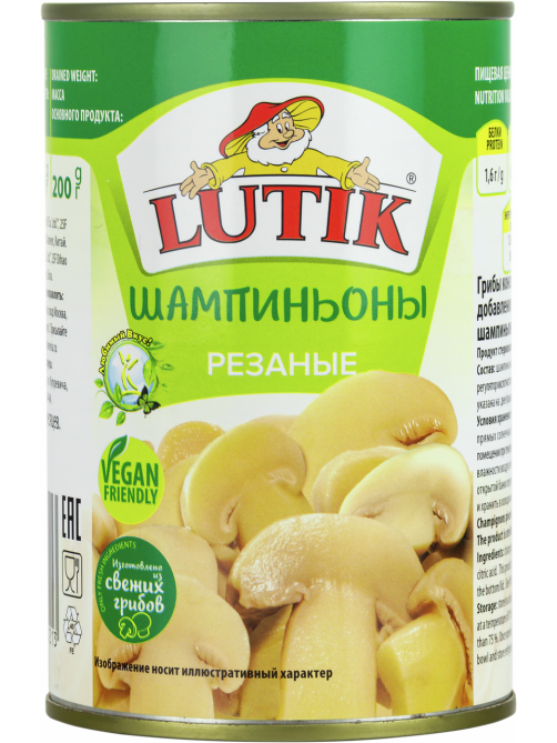 Грибы шампиньоны Lutik резаные, 425мл