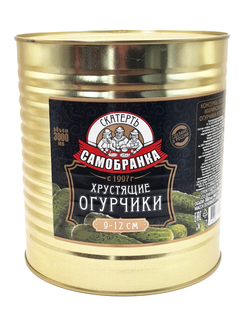 Огурцы маринованные Скатерть-Самобранка Хрустящие 9-12см, 3л