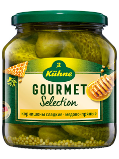 Огурцы маринованные Kuhne Сладкие корнишоны медово-пряные, 530г