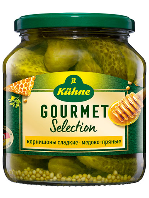 Огурцы маринованные Kuhne Сладкие корнишоны медово-пряные, 530г