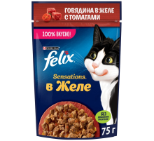 Корм влажный Felix Sensations для взрослых кошек с говядиной в желе с томатами, 75г