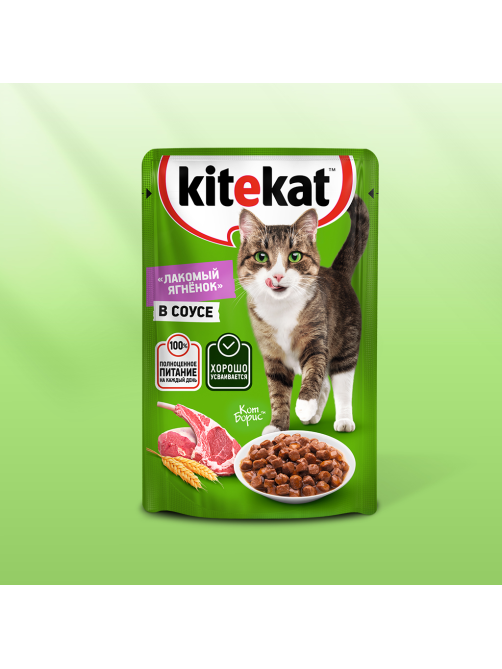 Корм влажный Kitekat соус для взрослых кошек с ягненком, 85г