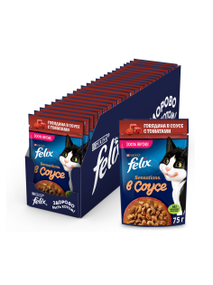 Корм влажный Felix Sensations для взрослых кошек с говядиной в соусе с томатами, 75г x 26 шт