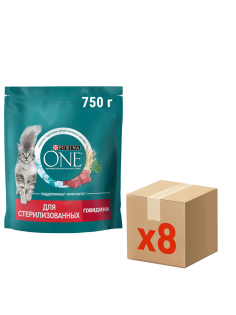 Корм сухой Purina One для стерилизованных кошек и кастрированных котов с говядиной и пшеницей, 750г x 8 шт