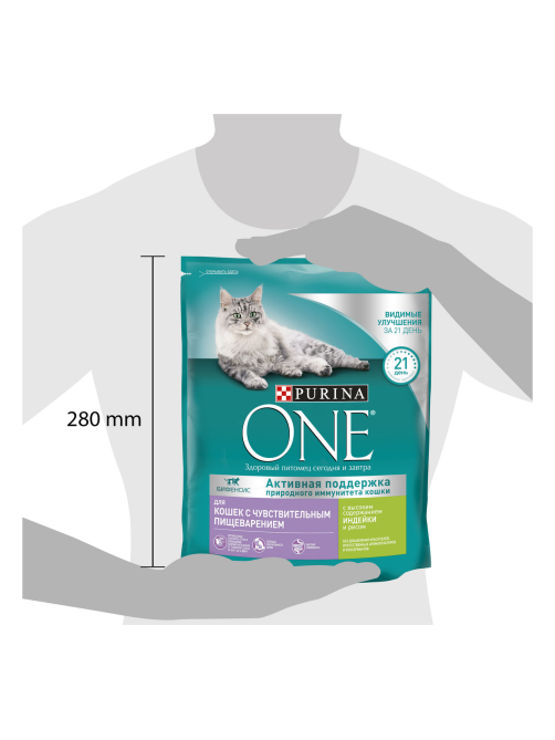 Корм сухой Purina One для взрослых кошек при чувствительном пищеварении с индейкой и рисом, 750г x 8 шт