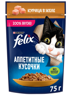 Корм влажный Felix Аппетитные кусочки для взрослых кошек с курицей в желе, 75г