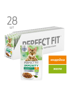 Корм влажный Perfect Fit для взрослых кошек иммунитет индейка-спирулина-желе, 75г x 28 шт