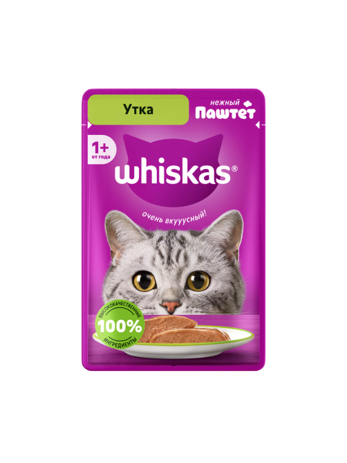 Корм влажный Whiskas паштет для взрослых кошек с уткой, 75г