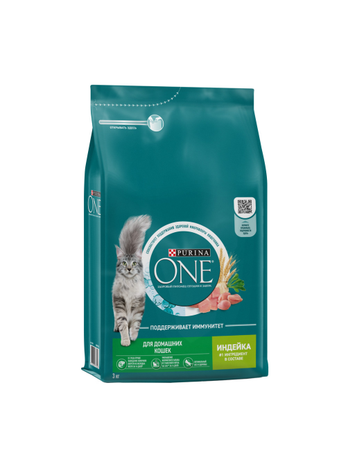 Корм сухой Purina One для взрослых кошек живущих в домашних условиях с индейкой и цельными злаками, 3кг