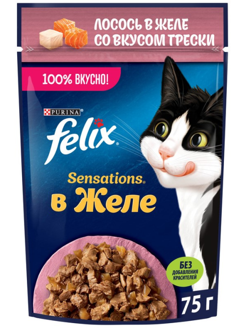 Корм влажный Felix Sensations для взрослых кошек с лососем в желе с добавлением трески, 75г