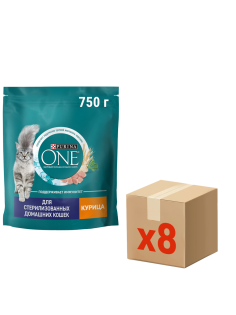 Корм сухой Purina One для стерилизованных кошек и кастрированных котов с курицей и цельными злаками, 750г х 8 шт