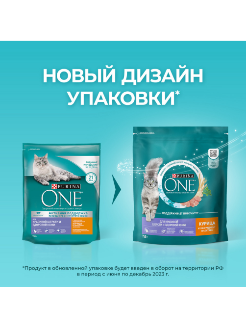 Корм сухой Purina One для взрослых кошек для здоровья кожи и шерсти с курицей и цельными злаками, 750г