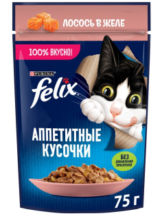 Корм влажный Felix Аппетитные кусочки для взрослых кошек с лососем в желе, 75г
