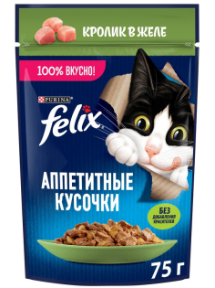Корм влажный Felix Аппетитные кусочки для взрослых кошек с кроликом в желе, 75г