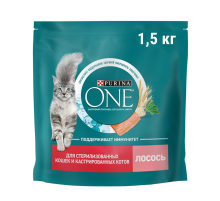 Корм сухой Purina One для стерилизованных кошек и кастрированных котов с лососем и пшеницей, 1.5кг
