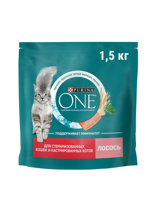 Корм сухой Purina One для стерилизованных кошек и кастрированных котов с лососем и пшеницей, 1.5кг
