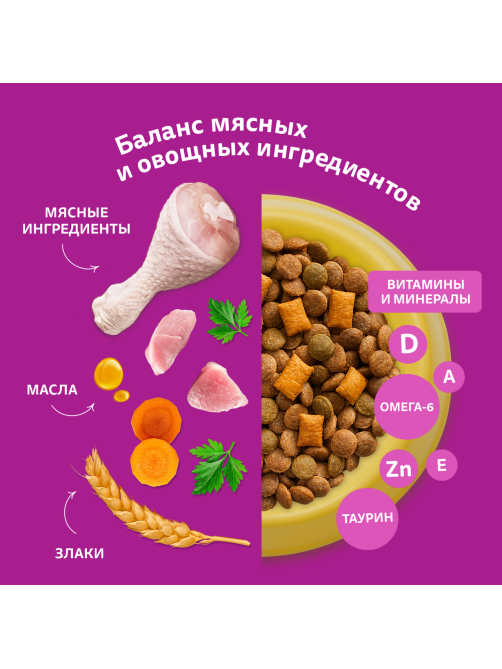 Корм сухой Whiskas Вкусные подушечки с нежным паштетом для взрослых кошек из курицы и индейки, 800г