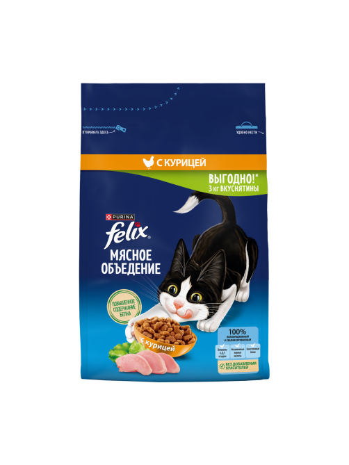 Корм сухой Felix Мясное объедение для кошек с курицей, 3кг
