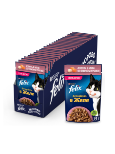 Корм влажный Felix Sensations для взрослых кошек с лососем в желе с добавлением трески, 75г x 26 шт