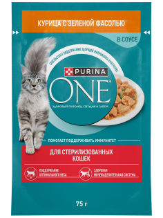 Корм влажный Purina One для стерилизованных кошек с курицей и зеленой фасолью, 75г