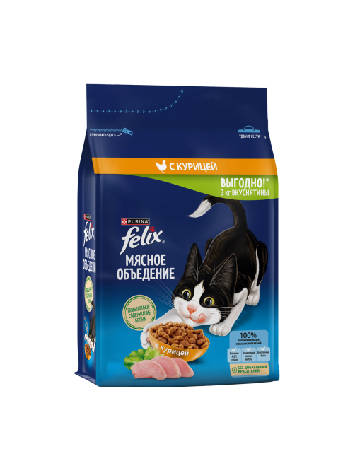 Корм сухой Felix Мясное объедение для кошек с курицей, 3кг