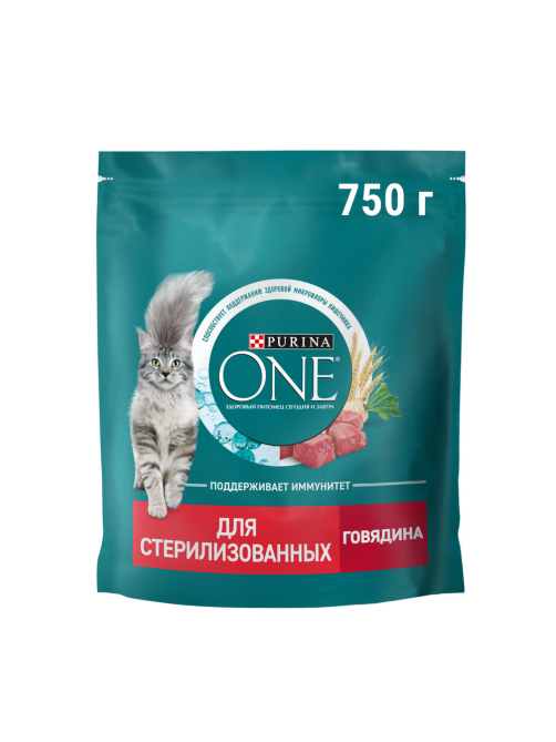 Корм сухой Purina One для стерилизованных кошек и кастрированных котов с говядиной и пшеницей, 750г