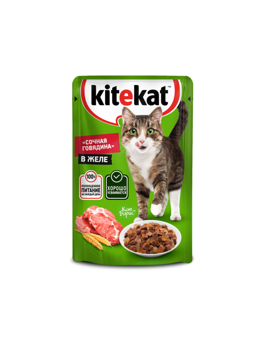 Корм влажный Kitekat для взрослых кошек с говядиной в желе, 85г