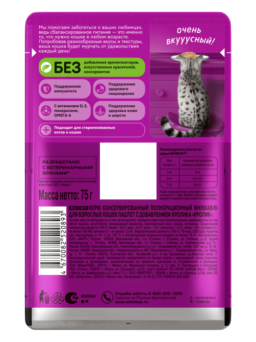 Корм влажный Whiskas для кошек кролик паштет, 75г