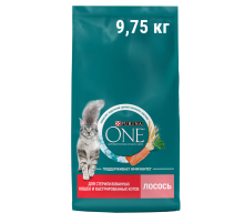 Корм сухой Purina One для стерилизованных кошек и кастрированных котов с лососем, 9.75кг