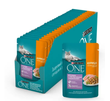 Корм влажный Purina One для взрослых кошек при чувствительном пищеварении с курицей и морковью в соусе, 75г х 26 шт