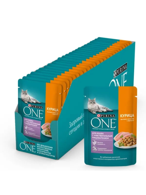 Корм влажный Purina One для взрослых кошек при чувствительном пищеварении с курицей и морковью в соусе, 75г х 26 шт