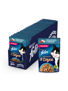 Корм влажный Felix Sensations для взрослых кошек с треской в соусе с томатами, 75г x 26 шт